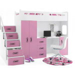 Poschodová posteľ MAX 4 s matracom + písací stôl + šatník ružovo-biela